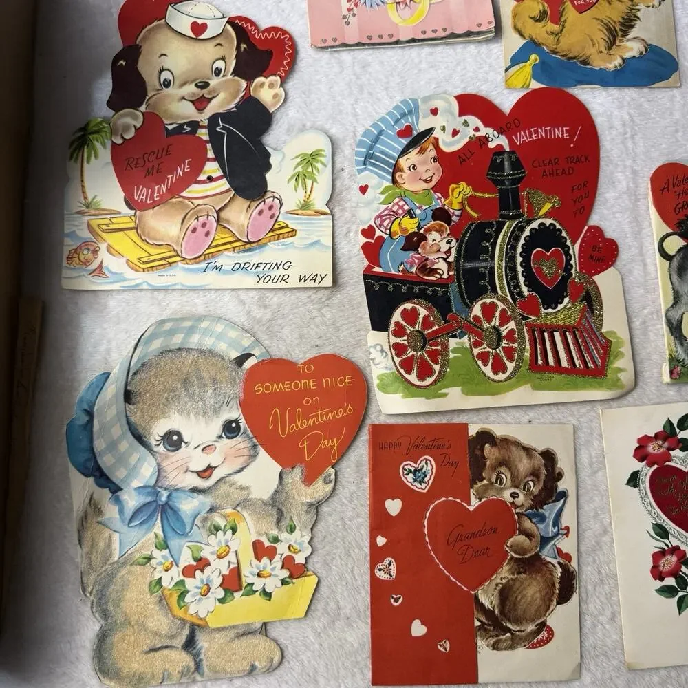 Vtg 50s Die-Cut Valentine Day Cards Lot 14 Used Mechanical Litho MCM Kitschy